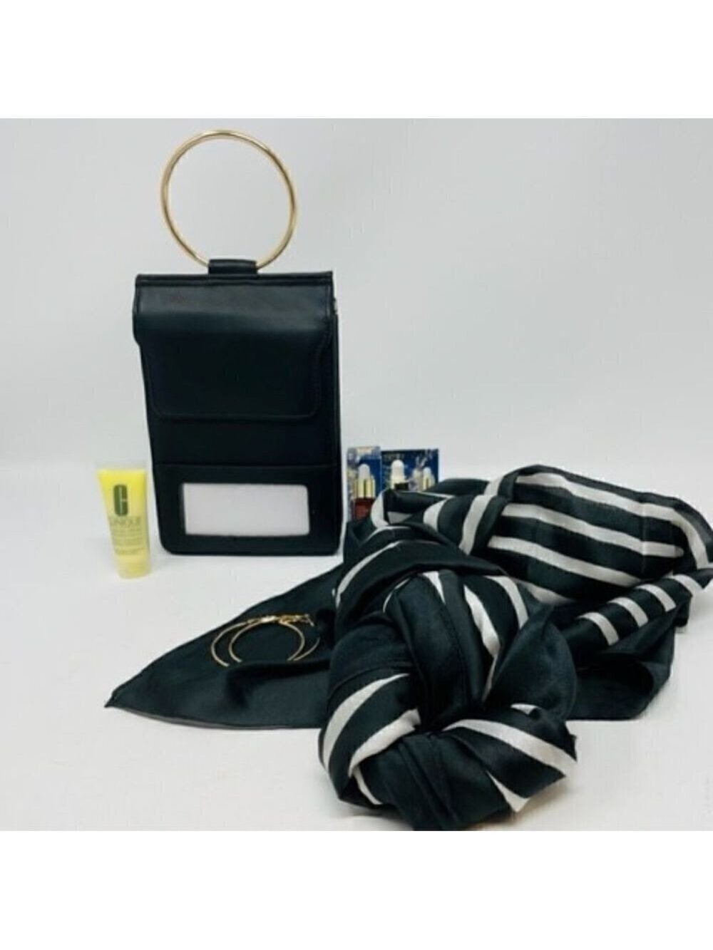5 piece set- purse, scarf, earrings, Clinique moisturizer, ELauder serum - Picture 3 of 4